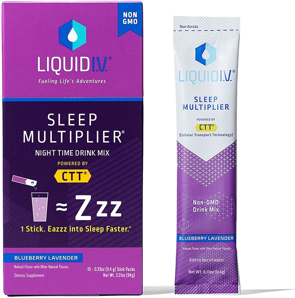 Liquid I.V. ® Hydration Multiplier ® + Sleep - Blueberry Lavender - Electrolyte Powder Drink Mix Packets - 124; Praktisk Single-Serving Sticks - 124; Non-GMO Meader 124; 10 Servering (pakke med 1)