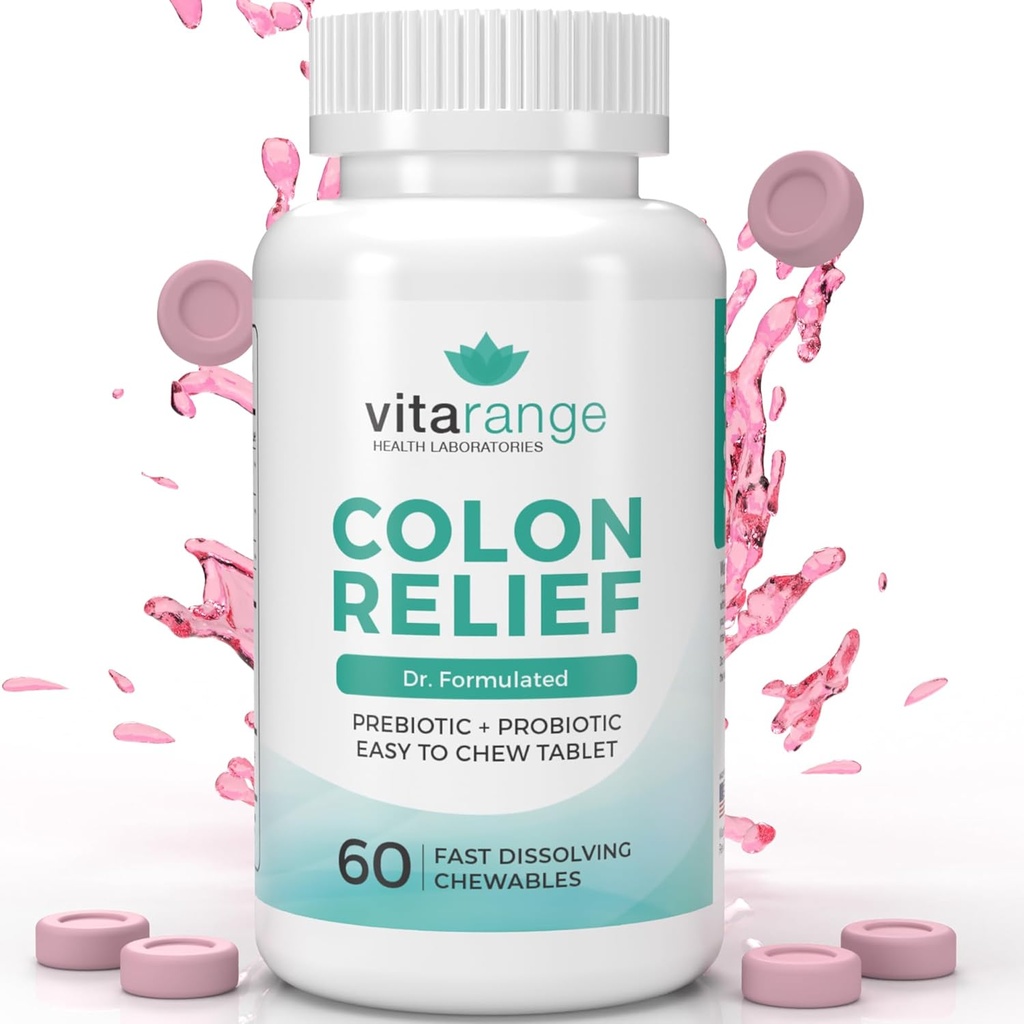 Colon Relief af VitaRange- Fast Forstoppelse og Bloating Relief med Sunfiber Prebiotic Fiber og Pre + Probiotika til fordøjelsessygdomme - 60 tyggetabletter Jordbær tabletter - Doctor Formulerede Probiotika