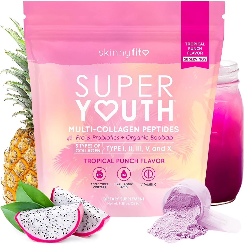 SkinnyFit - Super Youth Collagen for Women - Multi Collagen Peptider Powder - Probiotika, Fiber, Hyaluronsyre - Ikke GMO, Gluten Free, Sugar Free - Skønhed & Self Care - Tropical Punch (28 Servere)