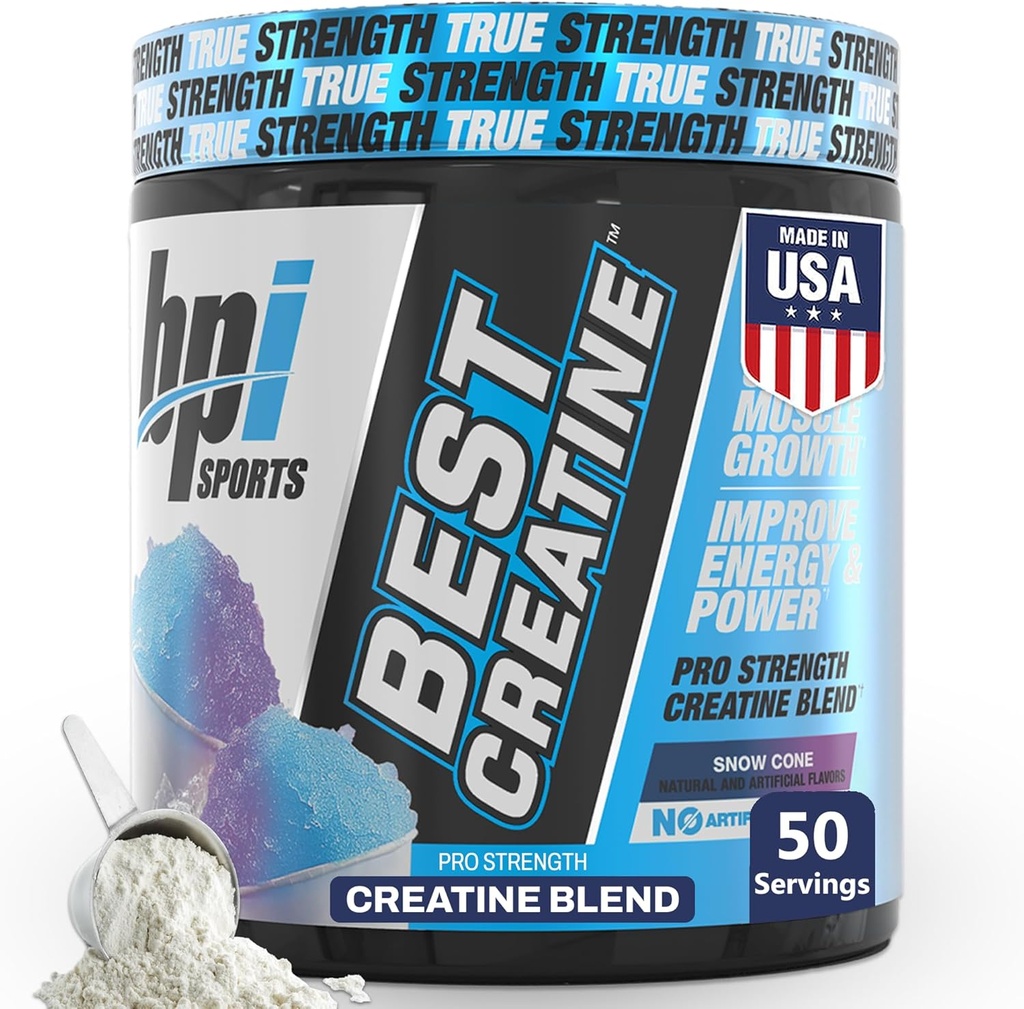 BPI Sport Bedste Creatin - Creatinine monohydrat pulver til mænd og kvinder, Himalayansk salt - Styrke, Pump, Endurance, Muscle Growth, Muscle Definition - Ingen bloat - Sne Cone - 50 portioner - 10.58 Oz