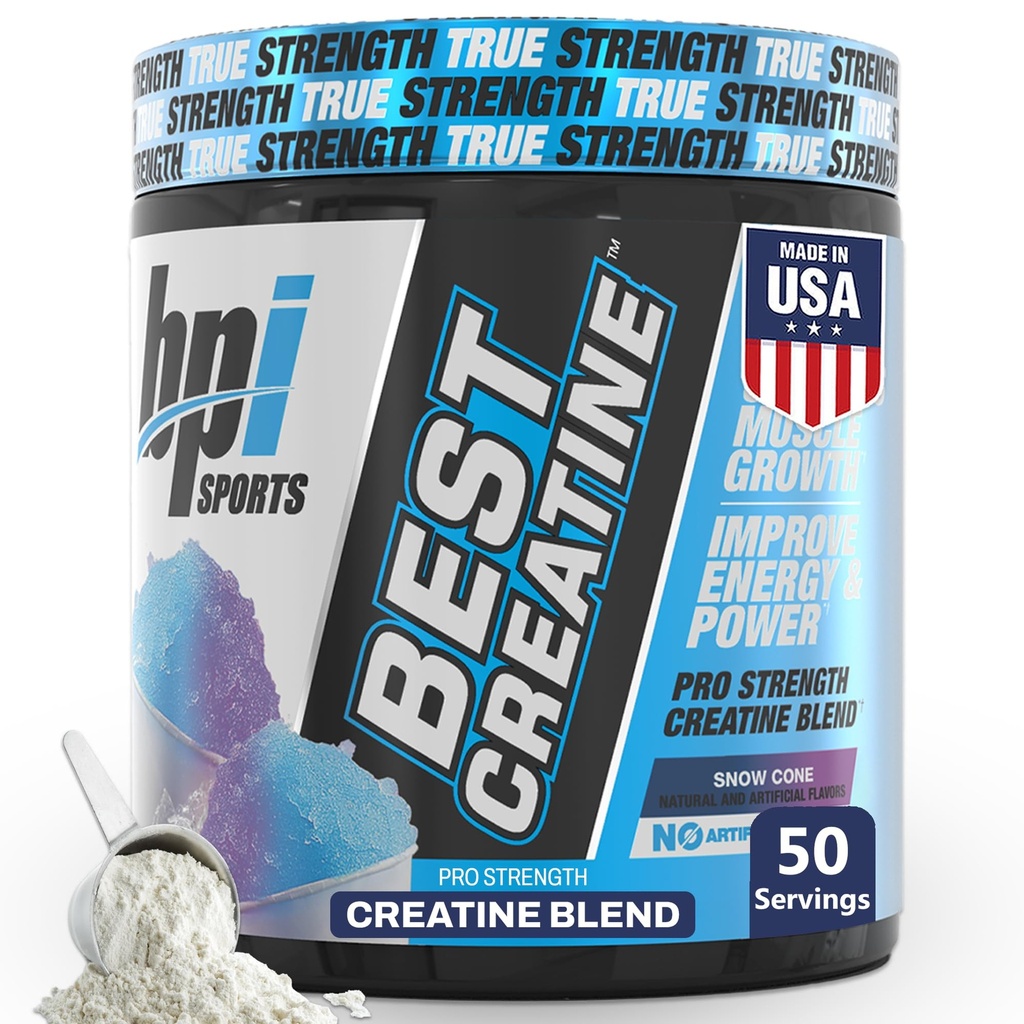 BPI Sport Bedste Creatin - Creatinine monohydrat pulver til mænd og kvinder, Himalayansk salt - Styrke, Pump, Endurance, Muscle Growth, Muscle Definition - Ingen bloat - Sne Cone - 50 portioner - 10.58 Oz