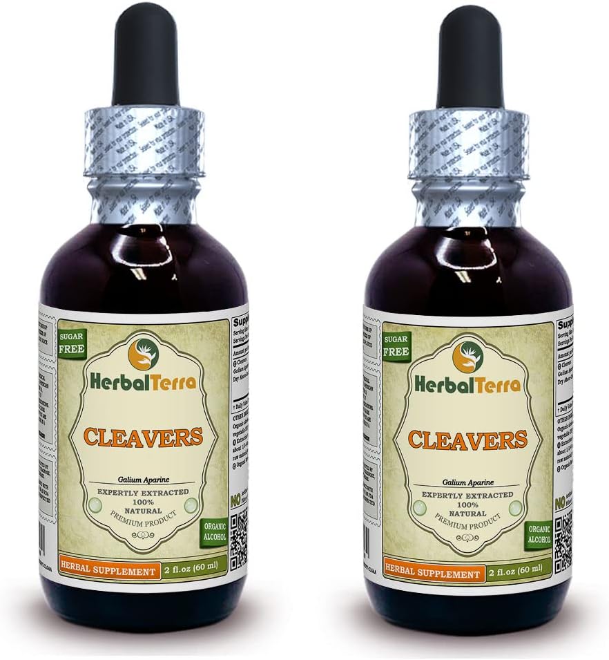 Cleavers (Galium Aparine) Tinktur, Organic Tørret Averve- Ground Parts Liquid Extract (Brand Name: HerbalTerra, Stolt Made in USA) 2x2 fl.oz (2x60 ml)