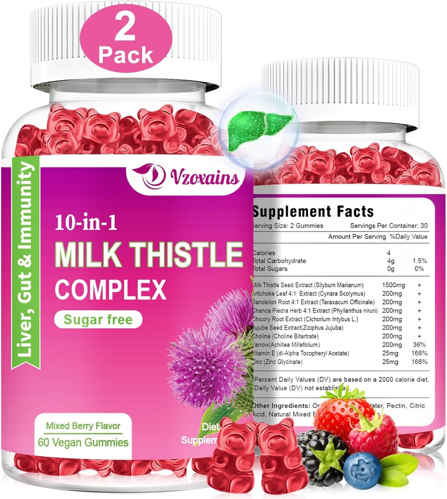 Mælk Thistle Gummies, 10 i 1 urteformel for lever rense Detox Reparation med Mælkebøtte Root, gurkemeje, Artichoke Optimal lever funktion og fordøjelsesmæssig sundhed blandet berry flavor