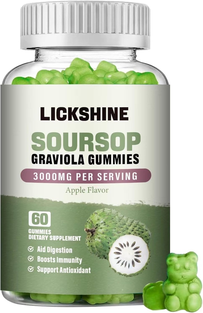 1 Pack Soursop Graviola Gummies - 3000mg Extra Strength Soursop blade tillæg med C-vitamin, zink - fordøjelsesstøtte, immunforsvar & antioxidant - sukkerfri, ikke-GMO, Vegan, 60 tællinger