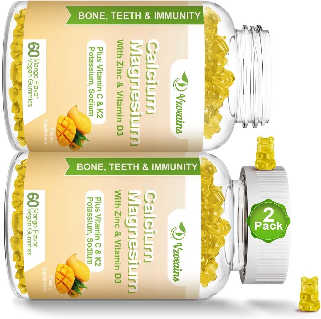Høj Absorption Calcium Gummier, Calcium Magnesium Zink med Magnesium Glycinat, Kalium, D3- vitamin til kvinder & Men- Mango Flavor 120 Cts