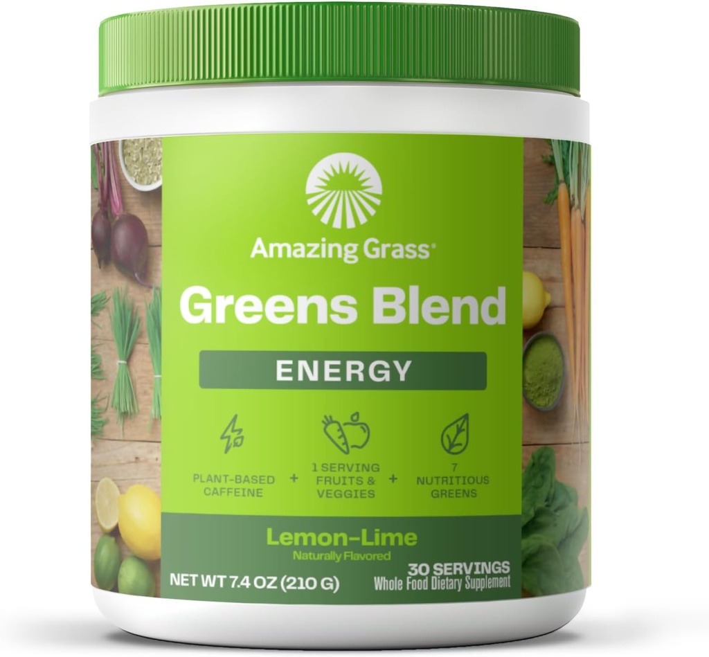 Amazing Grass Green Blend Energy: Smoothie Mix, Super Green Powder & Plant baseret koffein med Matcha Green Tea & Beet Root Powder, Lemon Lime, 30 Servere (Packaging May Vary)