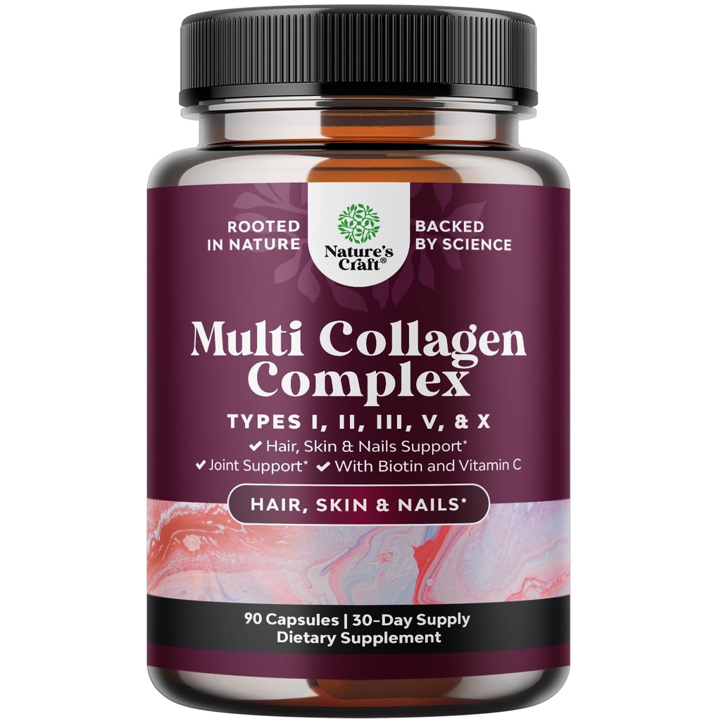 Avanceret Multi Collagen Complex - Agueless Multi Collagen Peptider Kosttilskud med type 1 2 3 5 & X & Biotin til hår, hud og negle Vitaminer - Biotin Kosttilskud til kvinder & mænd - 90 Tæl