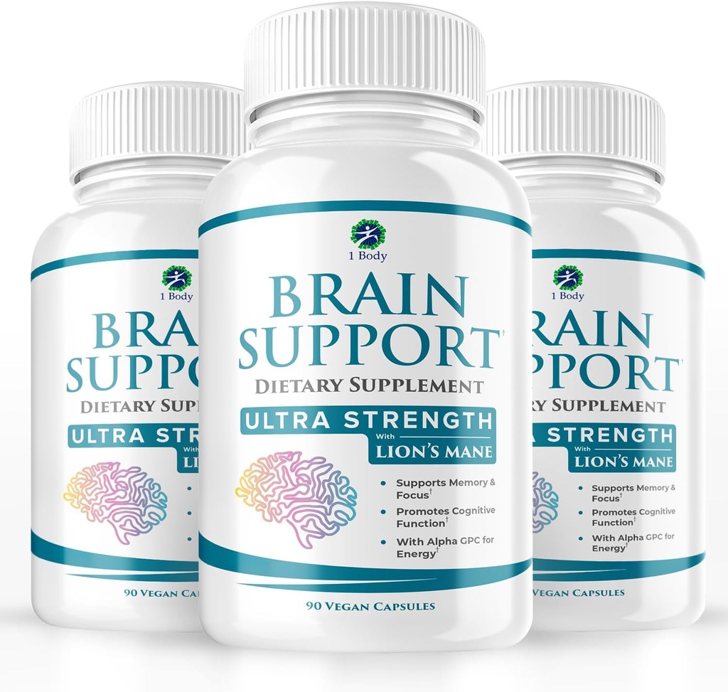 1 Body Brain Support Triple Pack, Alpha GPC og Lions Mane Extract, 90 Kapsler hver
