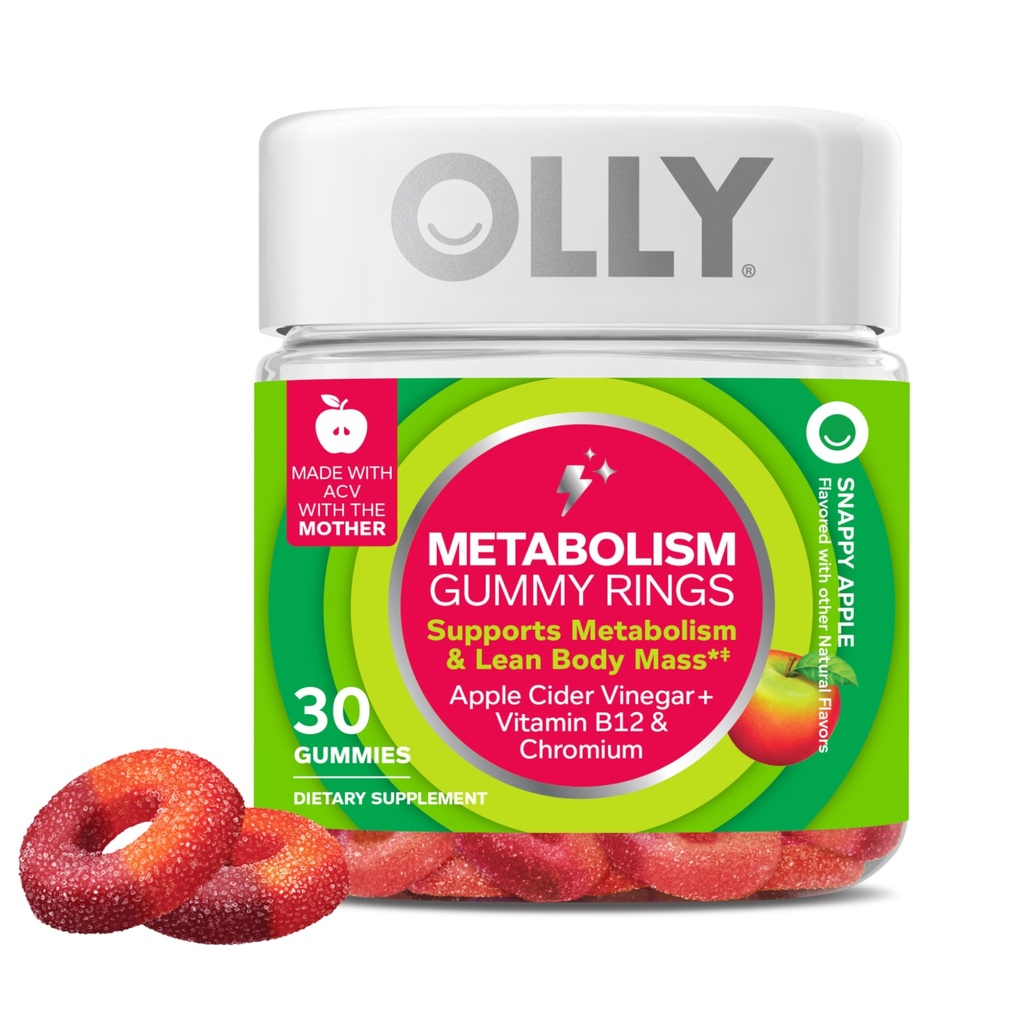 OLLY Metabolisme Gummy Ringe, Apple Cider Vingium, B12 Vitamin, Chrom, Energi og fordøjelse, Chewable Supplement, Apple Flavor - 30 Tæl