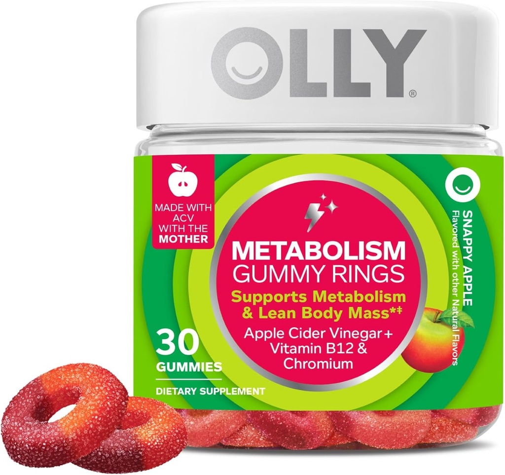 OLLY Metabolisme Gummy Ringe, Apple Cider Vingium, B12 Vitamin, Chrom, Energi og fordøjelse, Chewable Supplement, Apple Flavor - 30 Tæl