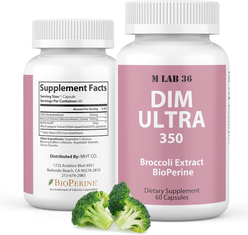 MLAB36 DIM Ultra 350 mg med Broccoli Extract & Bioperine - DIM supplement for mænd og kvinder til østrogen Metabolisme Support & Hormone Balance - Non- GMO & Gluten Free 60 Veganske kapsler - Made in USA