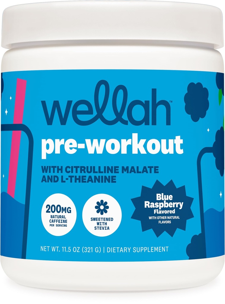 Wellah Get-Going Pre-Workout Drink Mix (Blue Raspberry Flavored, 30 Servings) - with Citrulline Malate and L-Theanine, 200mg of Natural Caffeine & 1000mg of Beta-Alanine