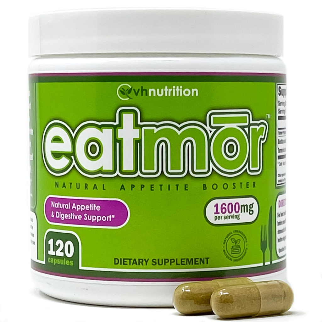VH Nutrition Eatmor • 124; AppetitBooster • 124; Vægt Gain Pills * for kvinder og mænd • 124; Designet til kvinder med Gentian, Ginger, Alfalfa • 124; 120 Easy- to- Swallow kapsler