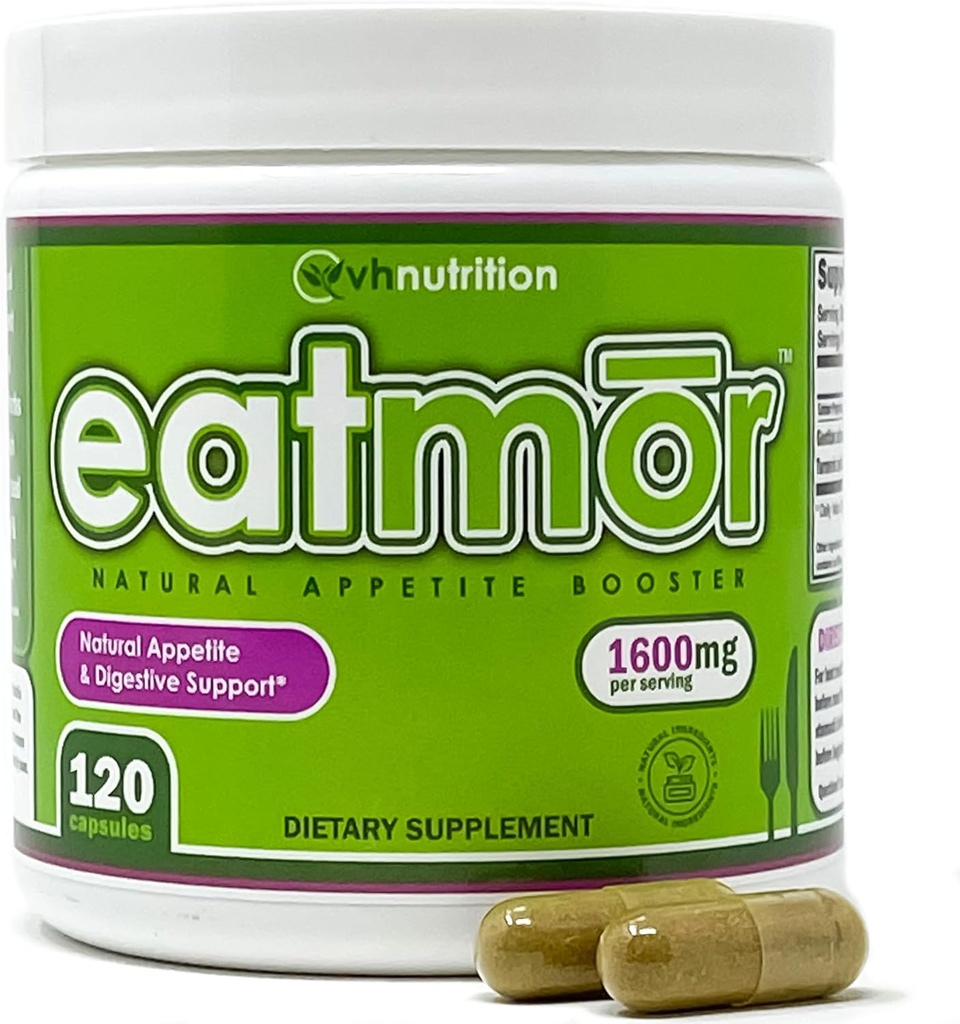 VH Nutrition Eatmor • 124; AppetitBooster • 124; Vægt Gain Pills * for kvinder og mænd • 124; Designet til kvinder med Gentian, Ginger, Alfalfa • 124; 120 Easy- to- Swallow kapsler