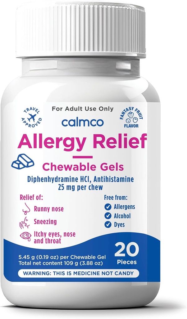 CalmCo Voksen Allergi Relief Gummy Bites med Diphenhydramin - Chewable Antihistamin for nysen, Runny Næse & Itchy Eyes, Nighttime Allergi Medicin til alderen 12 +, Fantasy Fruit Flavor, 20 Greve