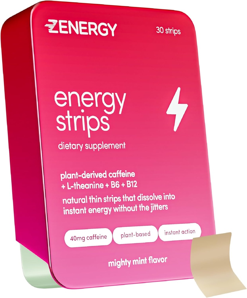ZENERGY Energy Oral Strips - Mint Flavor ttesmå 124; 40mg koffein + 30mg L- Theanin + 100% vitamin B6 & B12 Budd124; 0 Sukker, 0 kalorier, 0 Gluten, 0 Aspartam, Vegan, Plant- baseret, Instant Action ttesmå 124; 1 Tin = 30 Strips