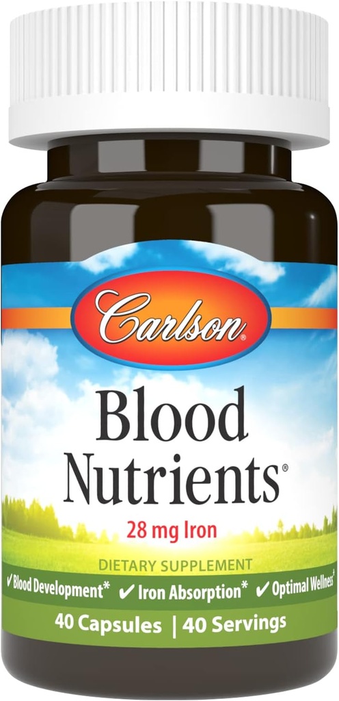 Carlson - Blood Nutrients, 28 mg Iron, Blood Development, Iron Absorption & Optimal Wellness, 40 kapsler