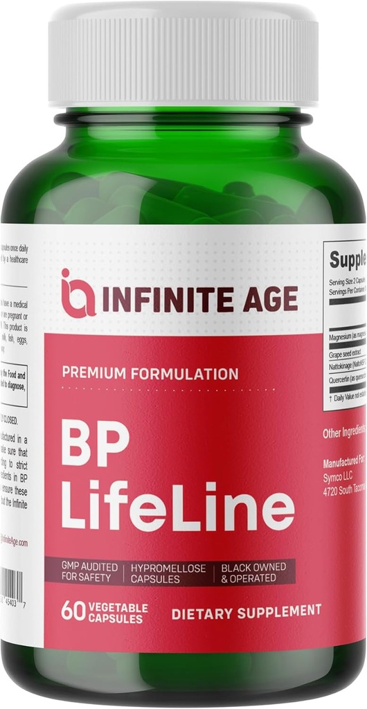 Infinite Age BP Lifeline Kapsler, 60 Count - Heart Health Support Supplement med Grapeed Extract, Nattokinase, Quercetin og Magnesium - Made in The USA