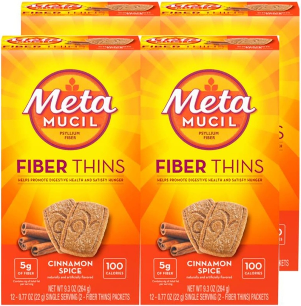 Metamucil Fiber Thins, Daily Fiber Supplement Snack, Psyllium Husk Powder, 5g Fiber per Servering, Understøtter fordøjelsessygdomme og tilfredsstillende Hunger, Kanel Spice Flavor, pakke med 4, 12 Servere hver