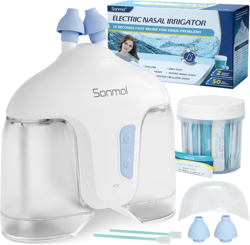 Sonmol Elektrisk Nasal kunstvanding System (Nasal kunstvanding, hvid), Næse Renere til Sinus Voksen, Self- Rengøring Nasal Renere med 50 Pakker Saline