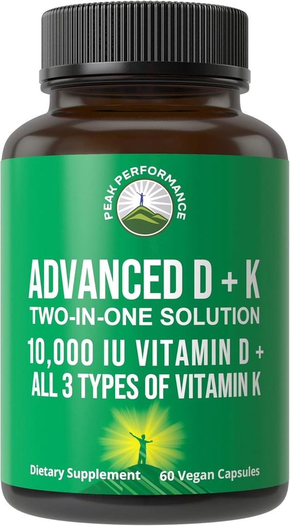 Peak Performance Advanced D 10000 IE med alle 3 typer vitamin K kapsler 10. 000 IE vitamin D3 og vitamin K2, K1, MK- 7 (MK7), MK4 supplement. 60 Små og nemme at synke piller