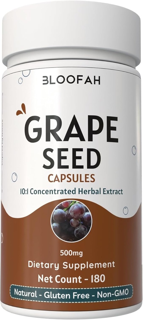 Grape Seed Capsules 500 mg 1, Vitis vinifera Koncentreret 10: 1 Uddrag Pulver 1, 4; Natural Herbal Supplement, Non- GMO, Gluten- Free Formel (180 Greve (Pack of 1)