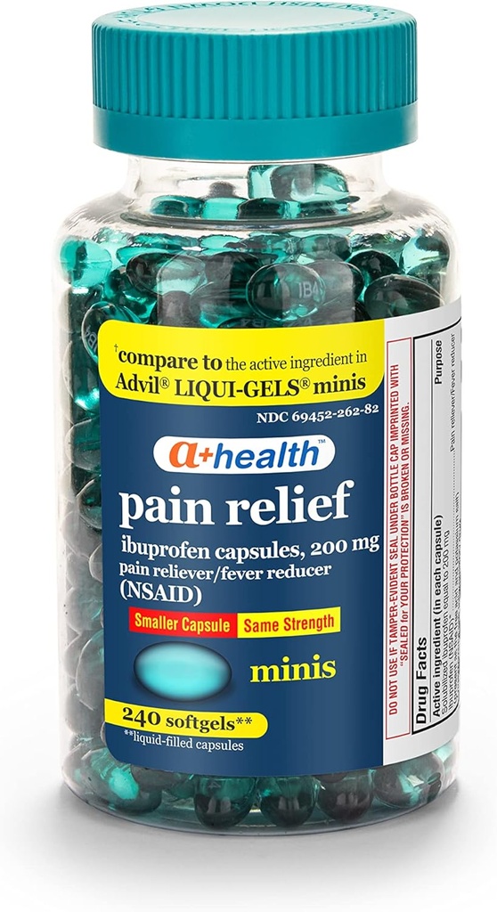 A + Health Mini Ibuprofen 200 Mg Softels, Pain Reliever / Fever Reducer (NSAID), 240 Greve