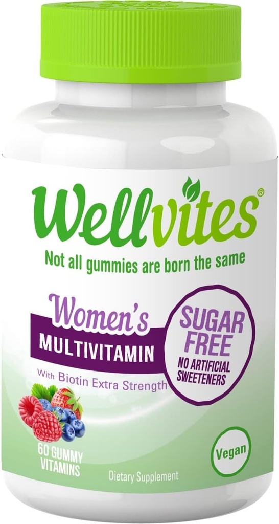 Wellvites Sugar Free Multivitamin Gummies for Women with Biotin, Vegan, Non- GMO - Vitaminer for kvinder, vitamin A, B6 og B12, Ingen kunstige sødestoffer, Gluten- Free, 60 Greve (30 dages forsyning)