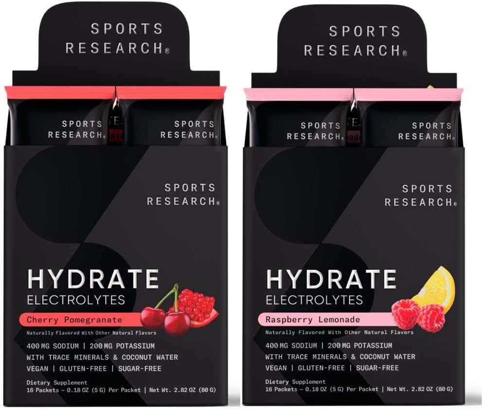 Sportsforskning Hydrate Electrolytes Dynamic Duo - sukkerfri & naturligt tilsat vitaminer, mineraler og kokos vand - 32 Hydrationspakker af Cherry Pomegranate & Raspberry Lemonade