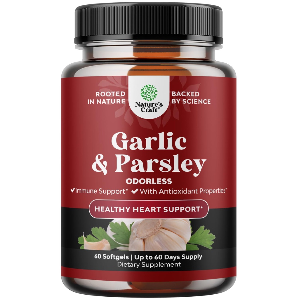 Koncentreret Odorless Hvidløg Softels - Persley Extract & Laged Hvidløg Kosttilskud til cirkulære sundhed, fordøjelse, immunforsvar & lever Detox - Persley Softgels til Gut Support - 60 Ct