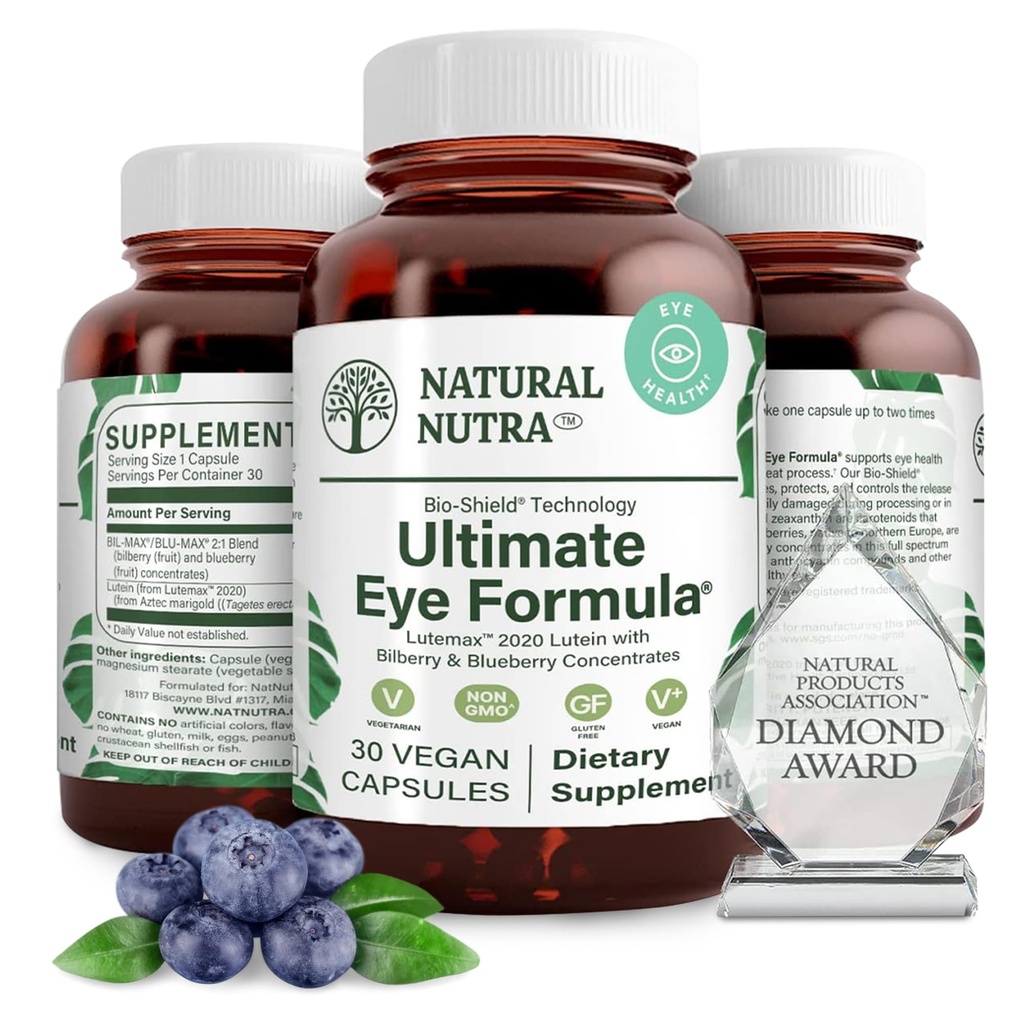 Naturlig Nutra Ultimate Eye Health Supplement - Bilbær & Blueberry Extract Blend til dag og nat Vision Support, fremmer farve Opception & Eye Klarhed - Non-GMO, Gluten- Free, Vegan - 30 Kapsler