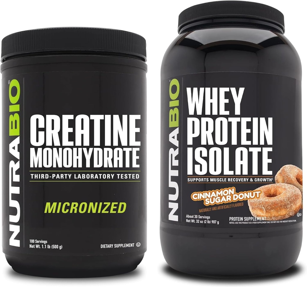 Nutrabio Creatin monohydrat, Unflavored, 500g og Whey Protein Isolate, kanel sukker Donut, Supplement Bundle - Muskelenergi, Lean muskelvækst, Inddrivelse, og styrke