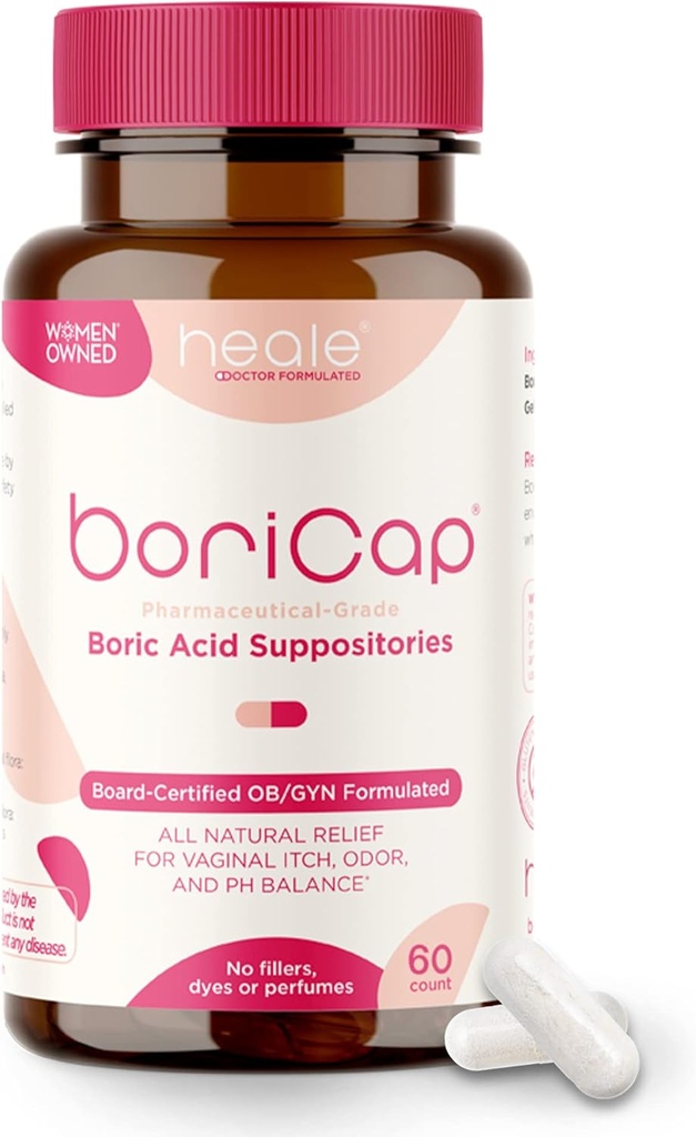 BoriCap - Boric Acid Suppositories for Women - 600 mg - Vaginal Health & Balance, Itch & Odor - Natural Relief - Feminine Care - Feminine Hygiene Products - Made in USA by Heale - 60 Capsules