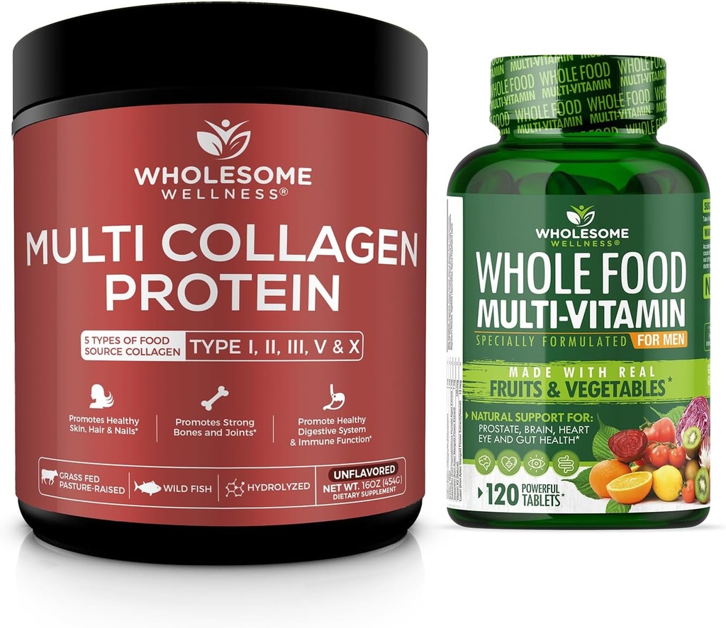 Multi collagen protein pulver hydrolyseret (type I II III V X) + hel mad Multivitamin til mænd - naturlige Multi Vitaminer, mineraler, Økologiske ekstrakter Bundle