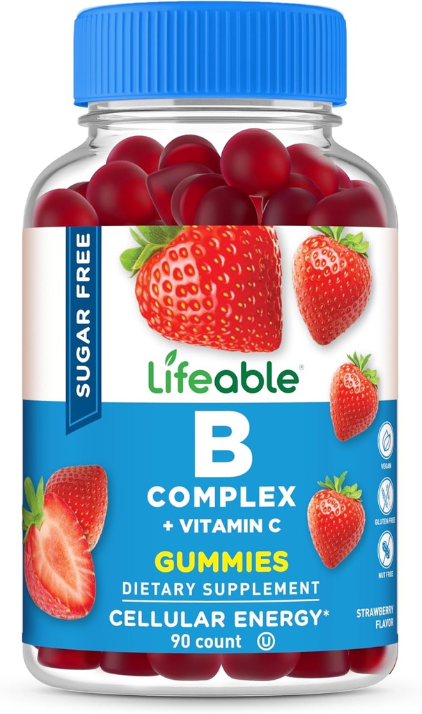 Levende sukkerfri B-vitamin Complex Gummies C124; B- Complex med C-vitamin C124; Great Tasting VIT B Complex Vitamin C124; Energy and Nerve Support C124; B Vitamin Complex til kvinder, mænd, voksne C124; 90 Gummies