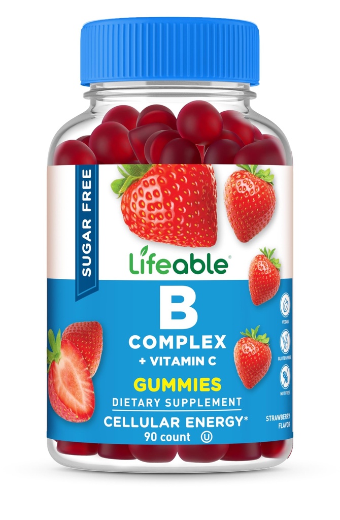 Levende sukkerfri B-vitamin Complex Gummies C124; B- Complex med C-vitamin C124; Great Tasting VIT B Complex Vitamin C124; Energy and Nerve Support C124; B Vitamin Complex til kvinder, mænd, voksne C124; 90 Gummies