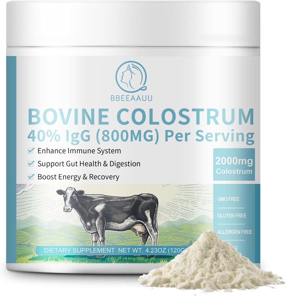 Kovine Colostrum Supplement 2000mg, Colostrum Powder 40% IgG Immunoglobuliner til immunforsvar, hårvækst, Gut Health, Muscle, Energy - 100% Græs Fed, Gluten- Free, Non- GMO, 120 Bedste