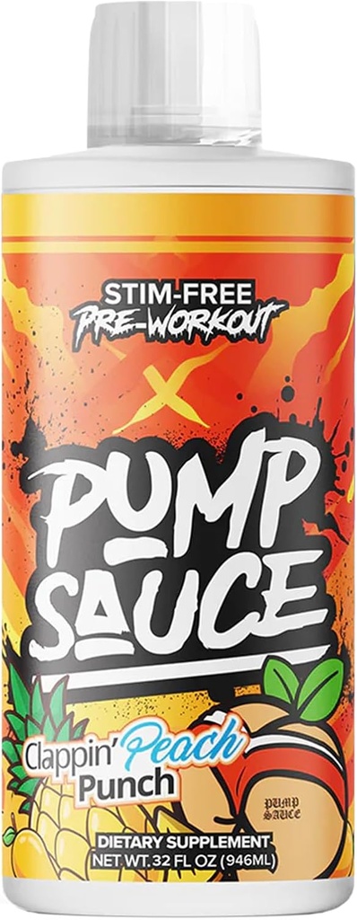 Pump Sauce Pre- workout - 32 oz, Clappin Peach Punch, Ingen koffein, Fuld Spectrum Væske, Gluten Free, Vegan, Zero Sugar