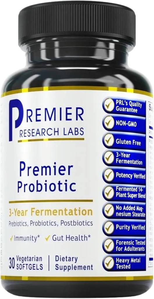 Premier Research Labs Premier Probiotic - Pre Pro Post Biotics for Women & Men, Quad Biotic, Quadbiotic, Prebiotics, Probiotics, Postbiotics & Phytobiotics - 30 Vegetariske Softgel kapsler