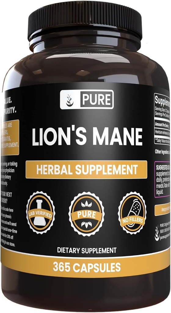 PURE ORIGINAL INGREDIENSER Lions Mane kapsler, Ingen Magnesium eller ris fyldstoffer, Altid Pure (365 kapsler)