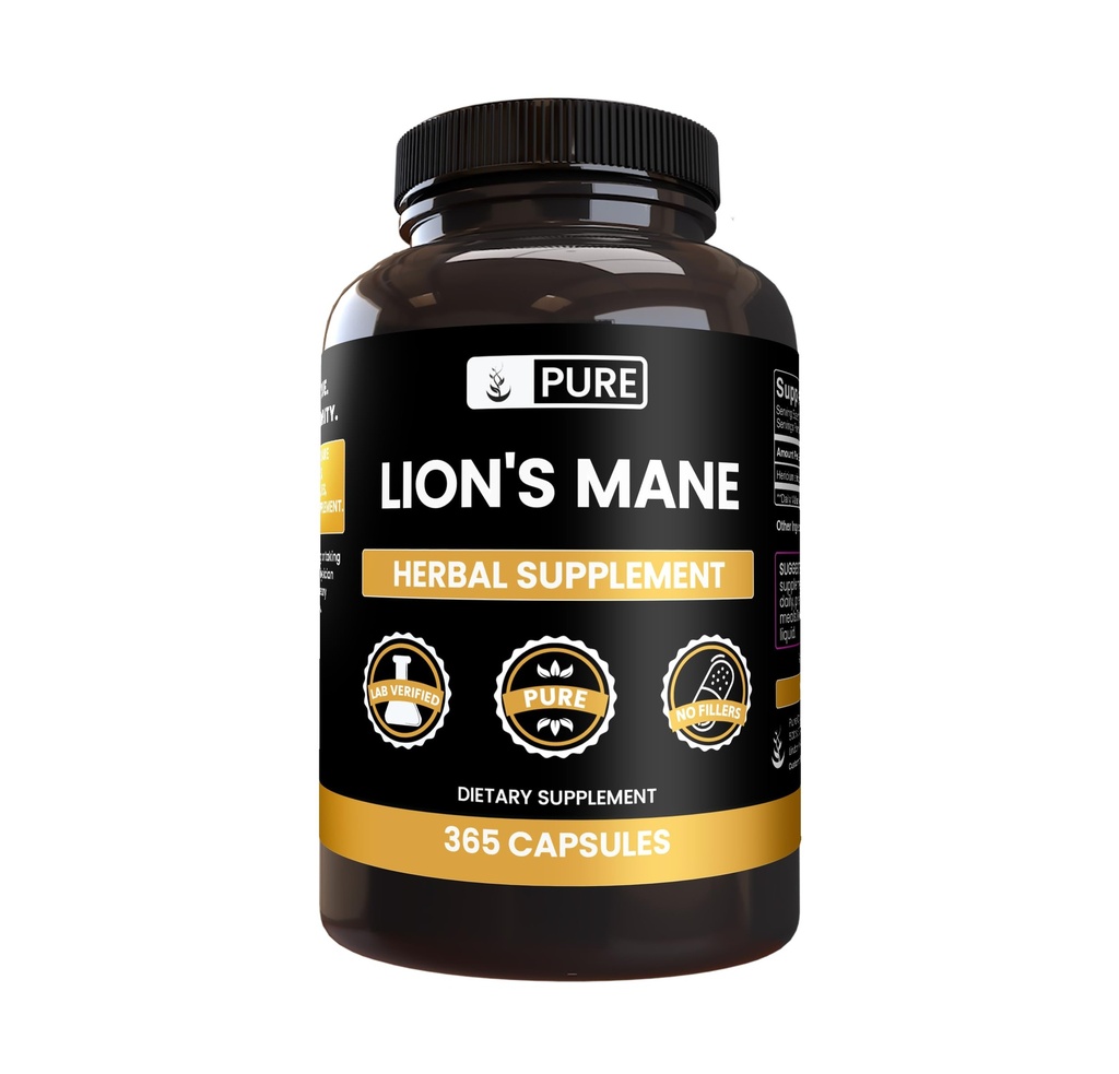 PURE ORIGINAL INGREDIENSER Lions Mane kapsler, Ingen Magnesium eller ris fyldstoffer, Altid Pure (365 kapsler)