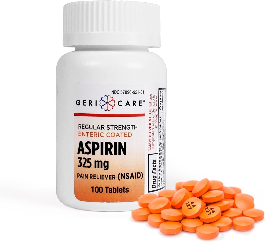 Enteric coated Aspirin Tablets 325mg (100 Count) by GeriCare- NSAID Pain Reliever & Fever Reducer Coated Aspirin for Adults - Regelmæssig Strength Aspirin for Hovedpine Artritis Menstruelle & Muskelsmerter