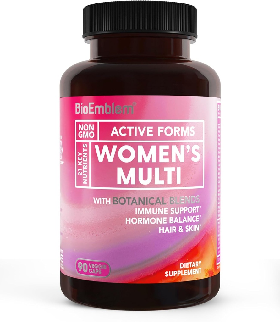 Bioembleme Women 's Multivitamin - Complete Daily Multi for Immunity, Energy, Hår, Hud med vitamin A, B12, B6, D3, Biotin, Jern, Magnesium, Collagen og Veggie Blends - Gluten Free - 90 Kapsler