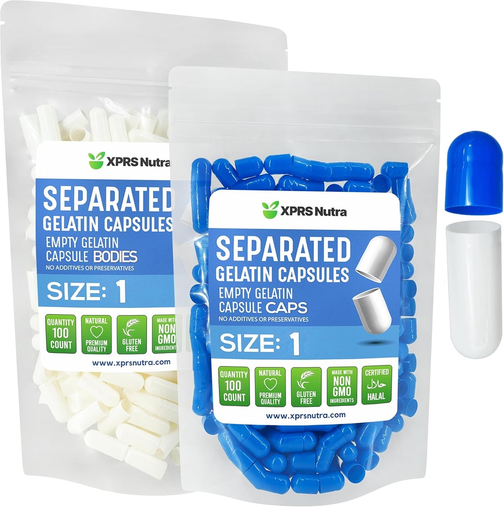 XPRS Nutra Størrelse 1 Gelatine Separated Capsules - 100 Count Tomme Pille Kapsler Separated in Tasker - Tomme Pills for DIY Supplement Filling (blå / hvid)