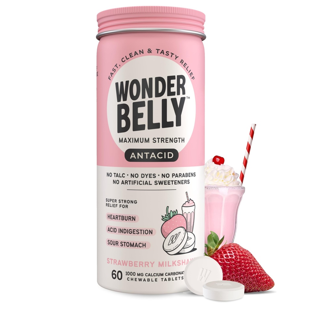 Wondermave Antacida, Effektiv Heartburn og Instant Acid fordøjelsesbesvær Relief, Ekstra styrke tyggetabletter, 1000 mg Calcium Carbonat, Ingen Talc eller Dye, Jordbær Milkshake, 60 Greve