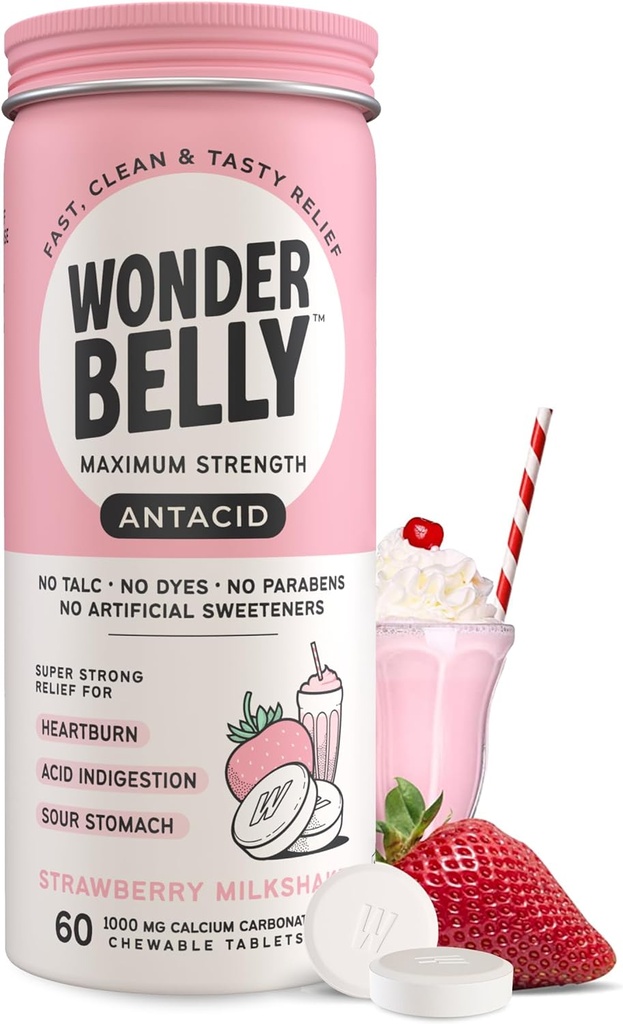 Wondermave Antacida, Effektiv Heartburn og Instant Acid fordøjelsesbesvær Relief, Ekstra styrke tyggetabletter, 1000 mg Calcium Carbonat, Ingen Talc eller Dye, Jordbær Milkshake, 60 Greve