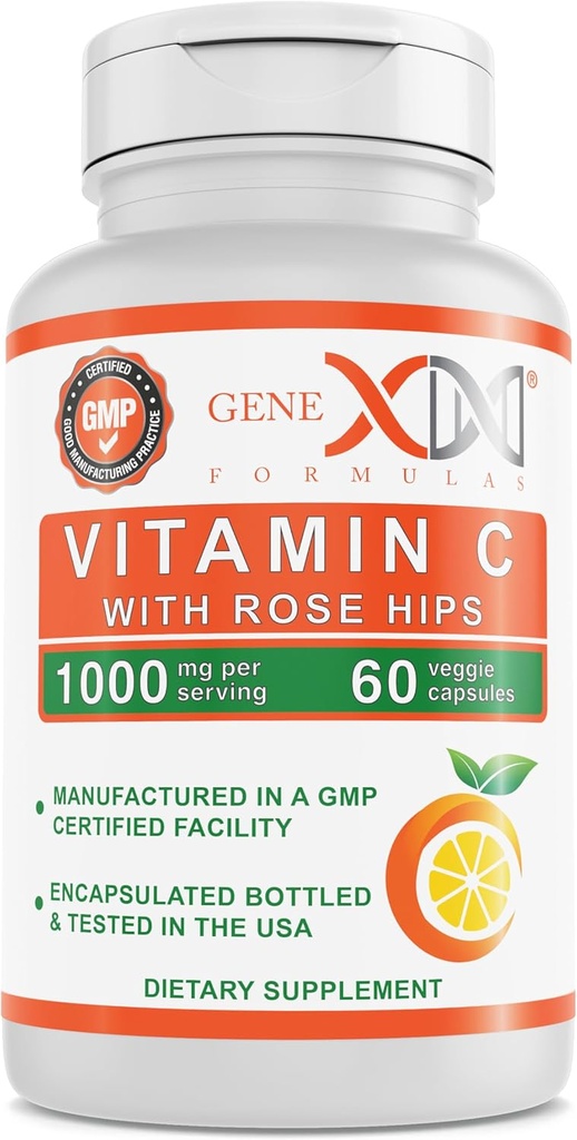Genex formulas 1000mg C-vitamin med Rose HIPS (60 kapsler) understøtter sundt immunsystem - ikke-GMO, Gluten Free, Vegan (60 dages forsyning)
