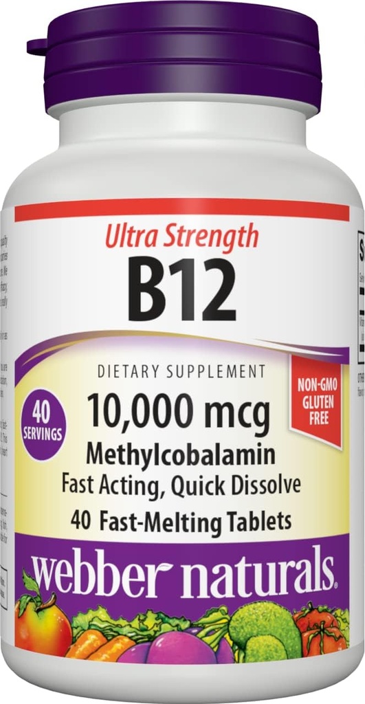 Webber Naturals Vitamin B12 10.000 mcg, Ultra Strength, 40 Greve, hurtig opløsning tabletter, Vitamin supplement støtte til energi Metabolisme, immunforsvar og hjerte sundhed, Vegansk formel