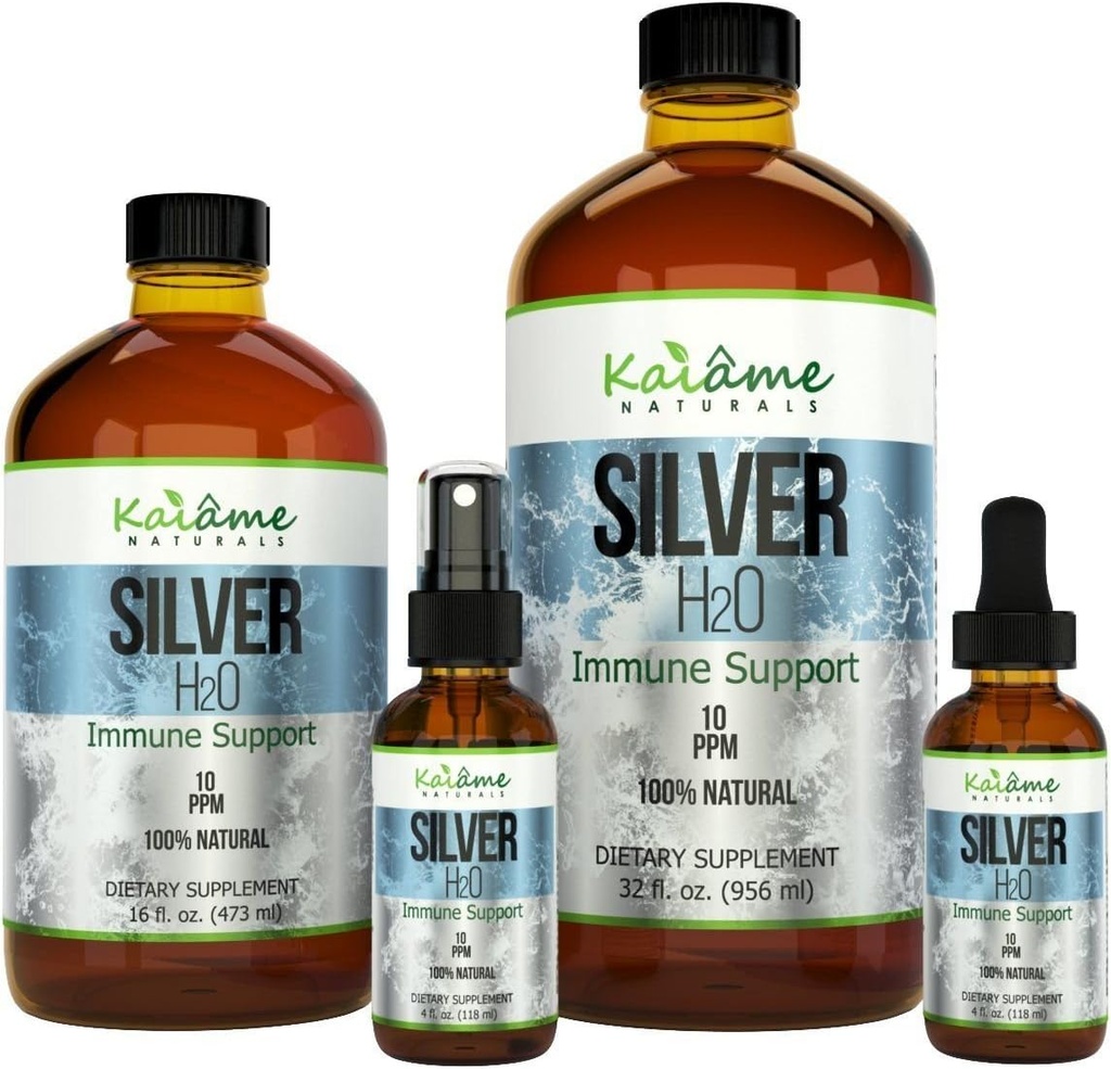 Kaiame Naturals Kolloid Sølv, Ionic Silver Solution, 10 PPM, Stor 16 oz glasflaske, Naturlig immunforsvar supplement, Sikker for voksne, børn, og kæledyr
