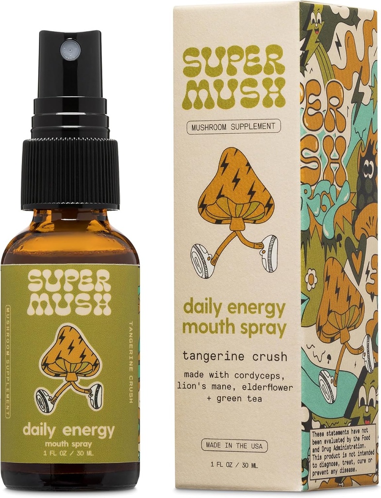 SuperMush Daily Energy Mouth Spray - Mushroom Supplement - Lions Mane & Cordyceps Blandede svampe Uddrag Rene flydende spray til fokus, Stamina & Clarity - 30ml Økologiske Lions Mane Svampe Spray
